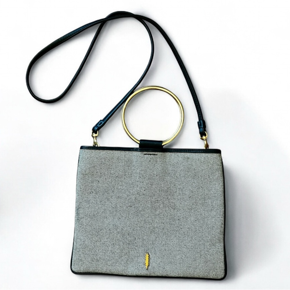 Thacker Le Pouch in black/grey print with Gold handles & crossbody strap